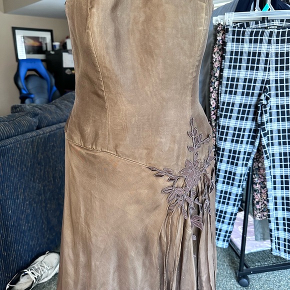 Strapless Brown Embroidered Silk Evening Gown - Picture 3 of 6